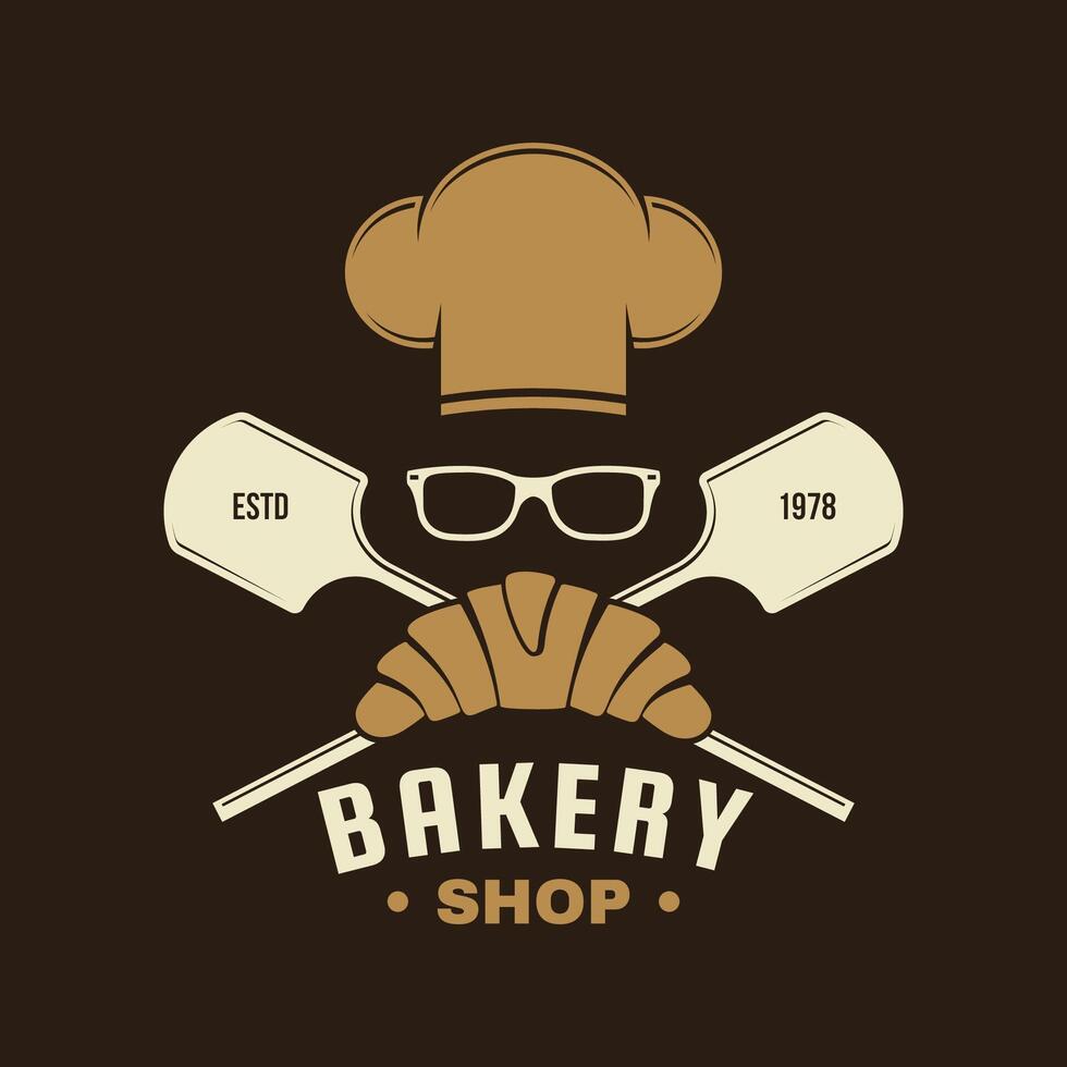 bageri affär bricka, logotyp. vektor. typografi design med croissant, bröd spadar, kock hatt och öron av vete silhuett. mall för restaurang identitet objekt, förpackning och meny vektor