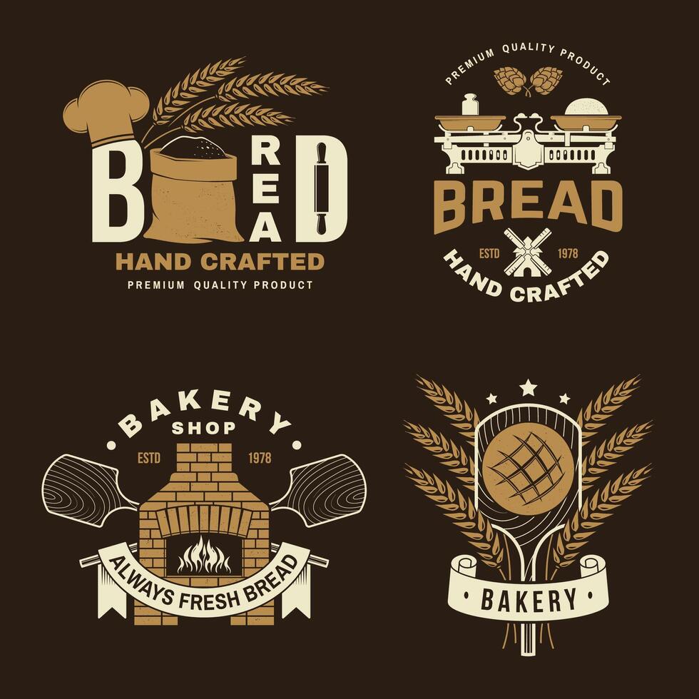 bageri bricka, logotyp. vektor illustration typografi design med deg, ugn, bröd spadar, hopp och balans skala silhuett. mall för restaurang identitet objekt, förpackning och meny
