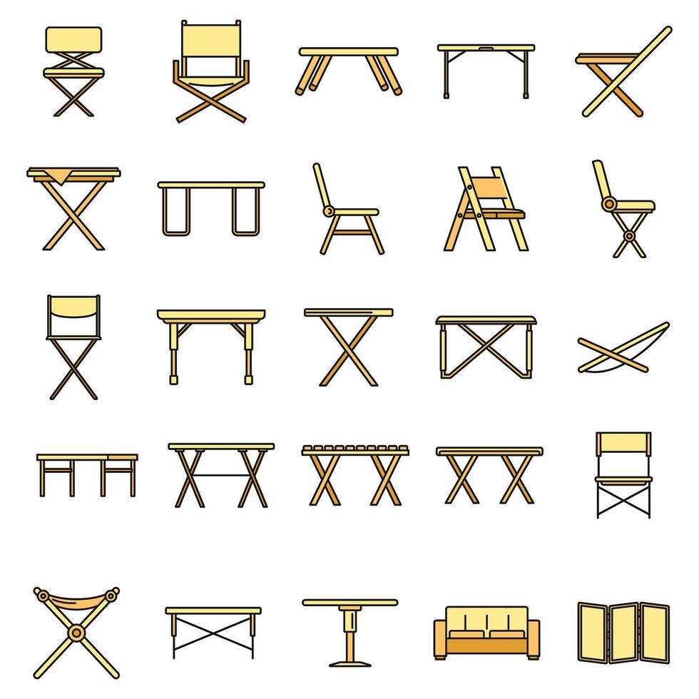 picknick hopfällbar möbel ikoner uppsättning vektor Färg linje