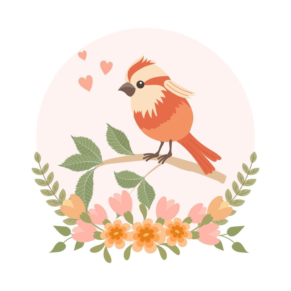 söt tecknad serie fåglar på en gren i en blomma ram. hälsning kort design, vår illustration. vektor