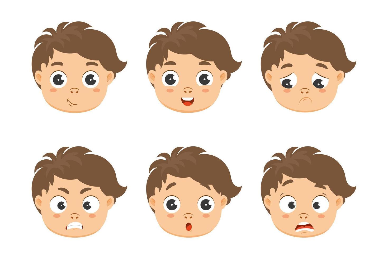 uppsättning av porträtt av söt ansikten av Pojkar med annorlunda känslor. illustration, tecknad serie stil, vektor
