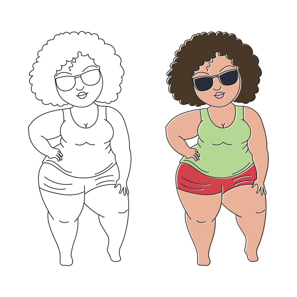 Übergewicht Frau im ein Badeanzug und Sonnenbrille, skizzieren und Illustration. Körper Positivität Konzept. Linie Kunst, Vektor