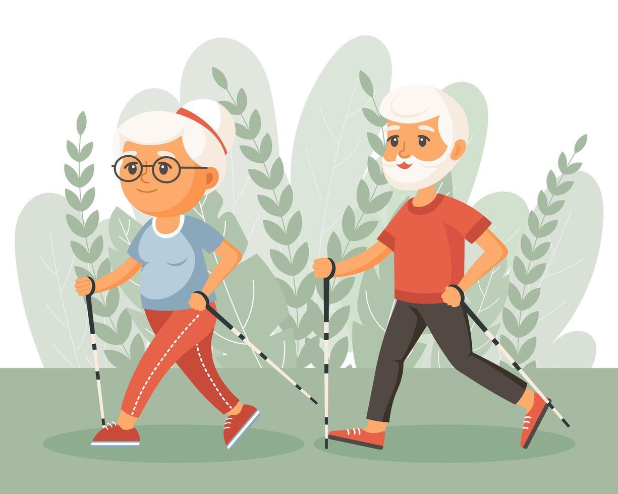 glücklich Großeltern gehen im zum Sport, Yoga, Spaziergänge. ein Paar von Alten Menschen sind trainieren. eben Illustration im Karikatur Stil, Vektor