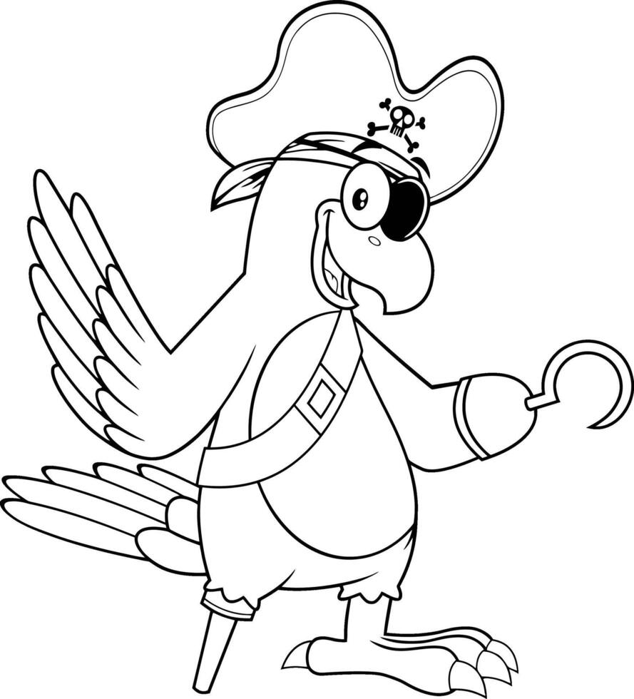 skisse papegoja pirat fågel tecknad serie karaktär vinka. vektor illustration isolerat på vit bakgrund