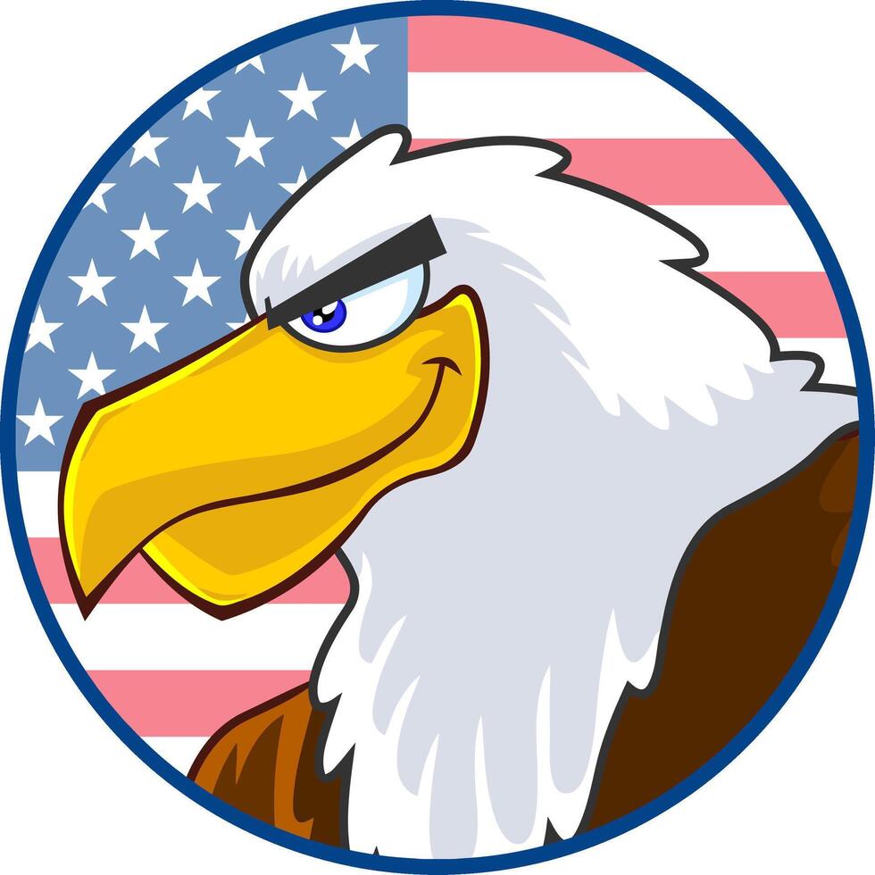 Örn fågel tecknad serie karaktär över USA flagga märka. vektor illustration isolerat på vit bakgrund