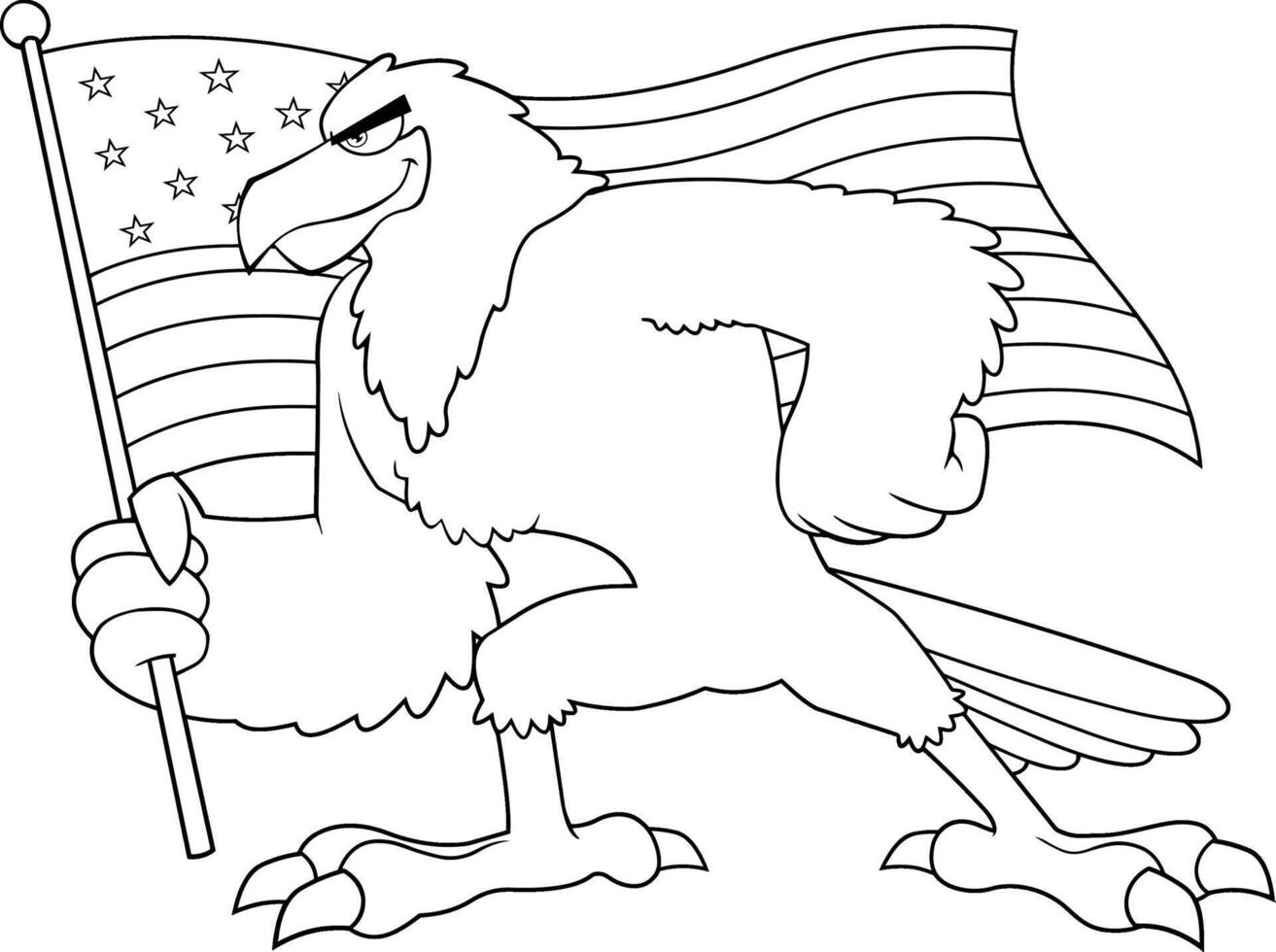 schwarz und Weiß Adler Vogel Karikatur Charakter winken amerikanisch Flagge. Vektor Illustration isoliert auf Weiß Hintergrund