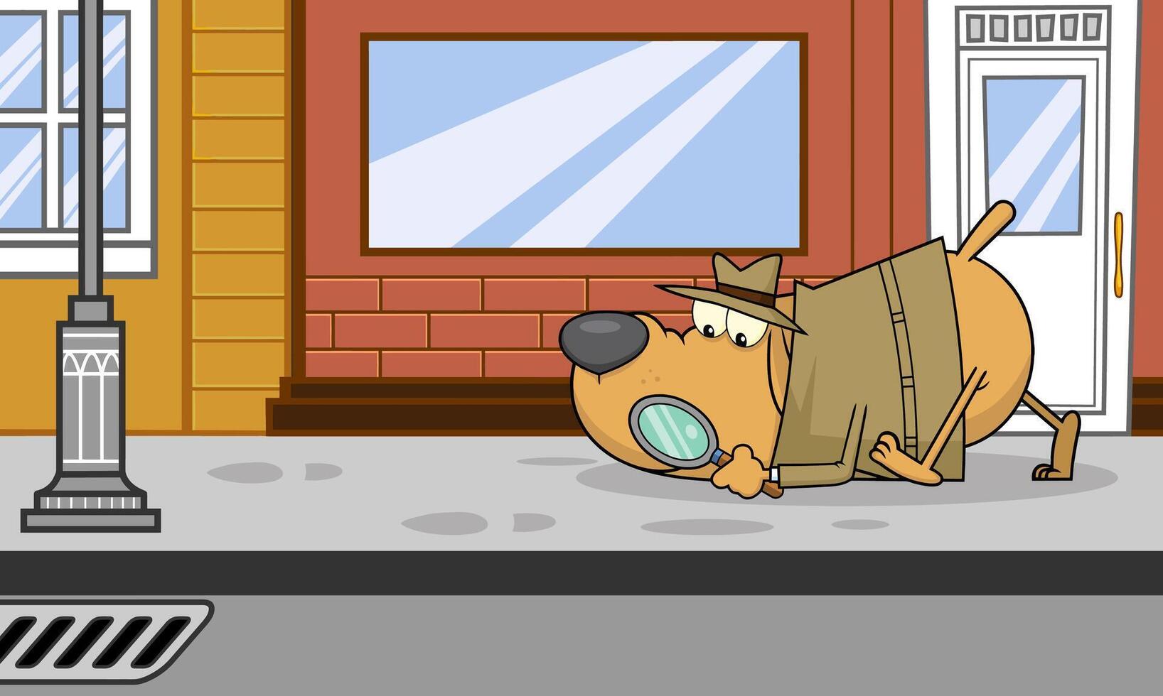 Detektiv Hund Karikatur Charakter folgenden ein Hinweise im Straße. Vektor Illustration mit Hintergrund