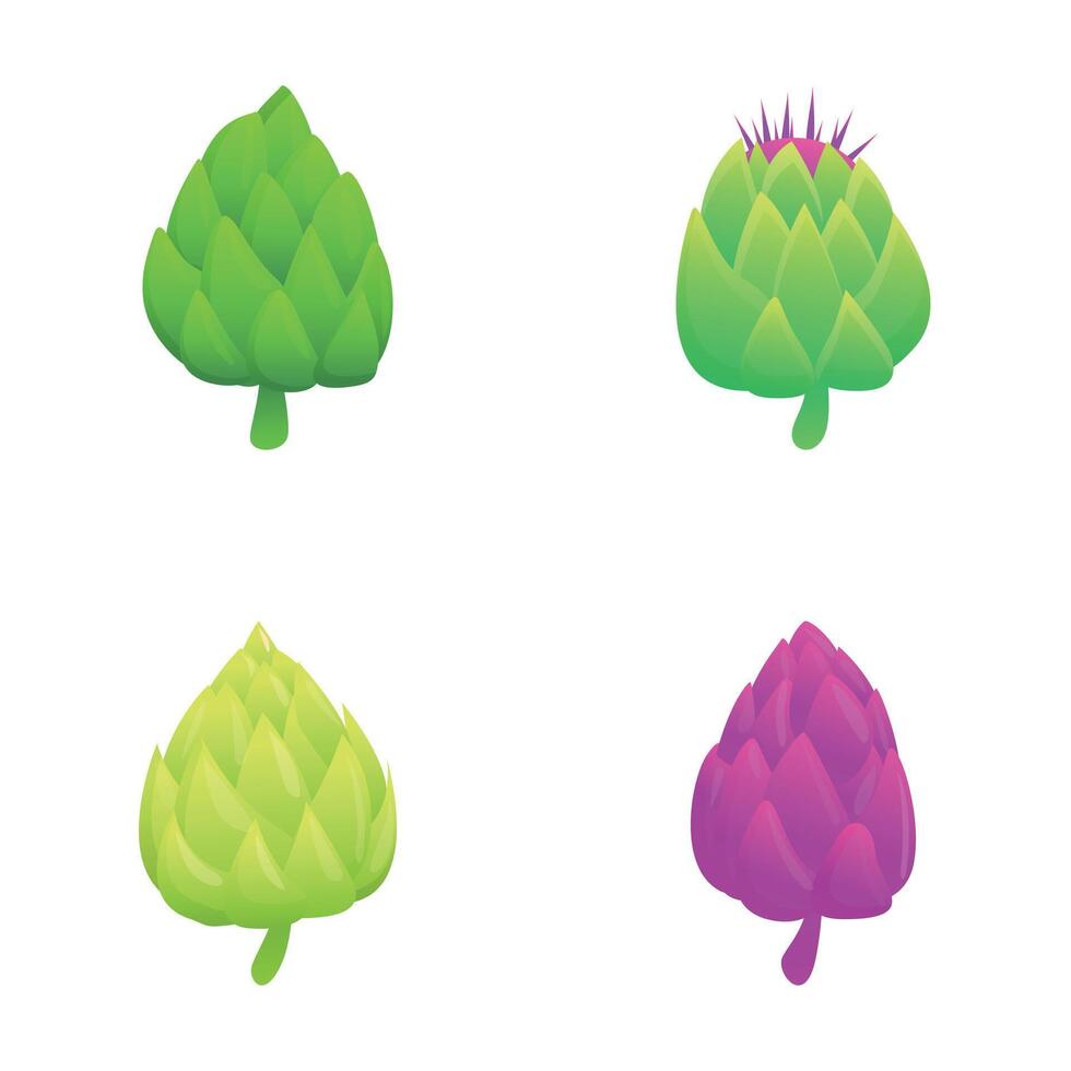 kronärtskocka mat ikoner uppsättning tecknad serie vektor. färsk naturlig hela kronärtskocka vektor
