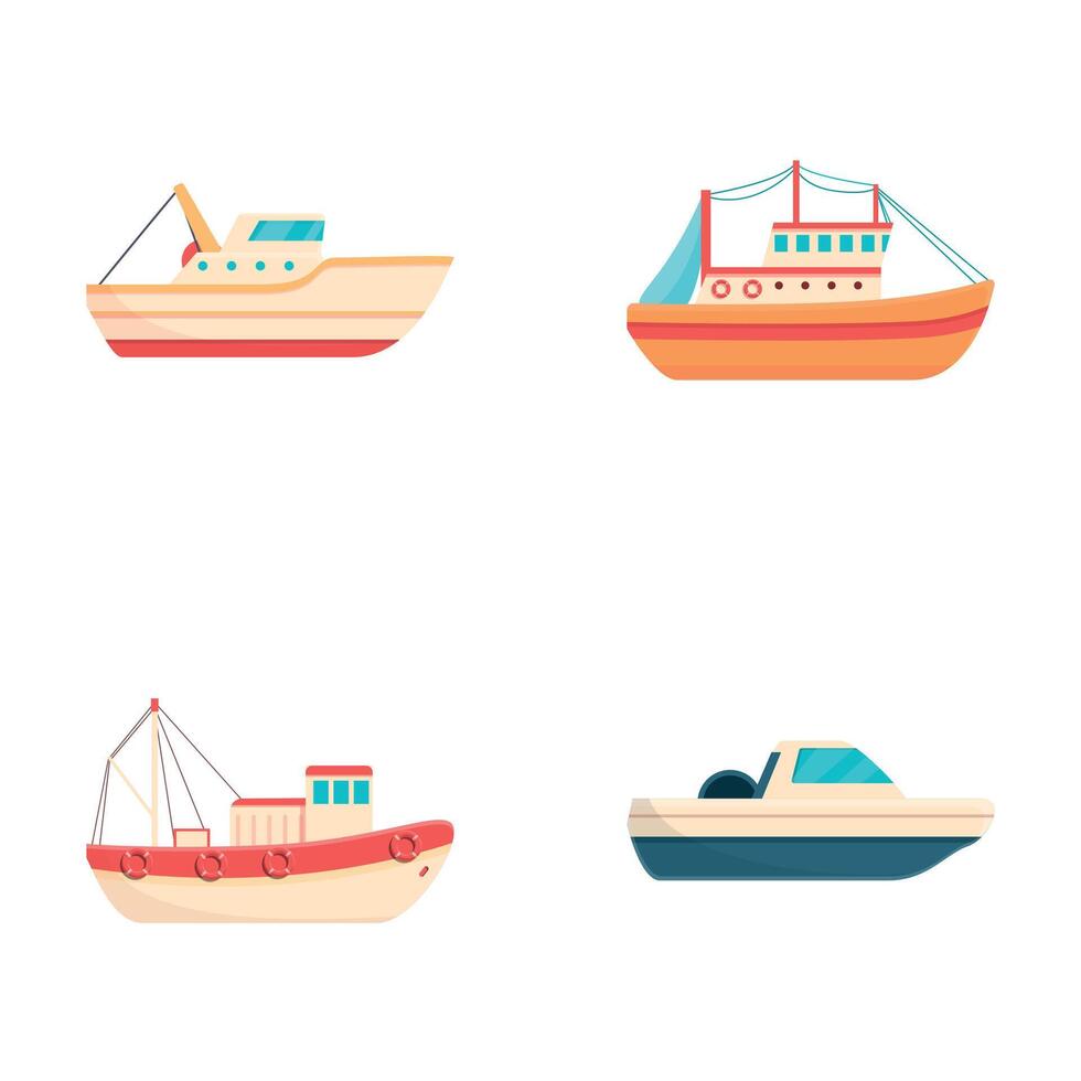Angeln Boot Symbole einstellen Karikatur Vektor. verschiedene kommerziell Angeln Schiff vektor