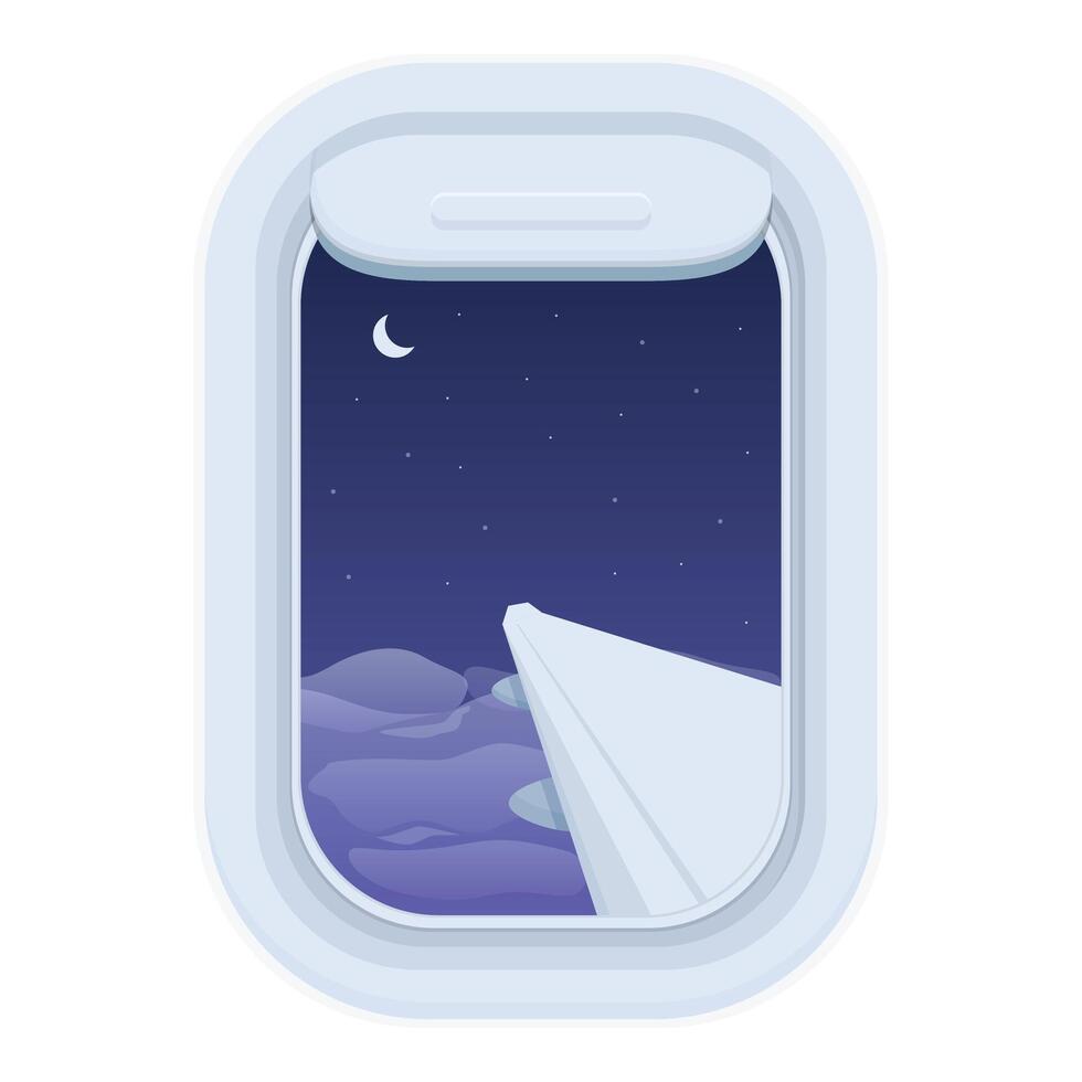 Nacht Himmel Sterne Flugzeug Fenster Symbol Karikatur Vektor. draußen Reise vektor