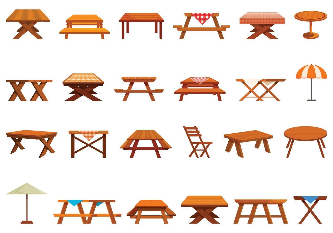 trä- tabell picknick ikoner uppsättning tecknad serie vektor. tömma trädgård vektor