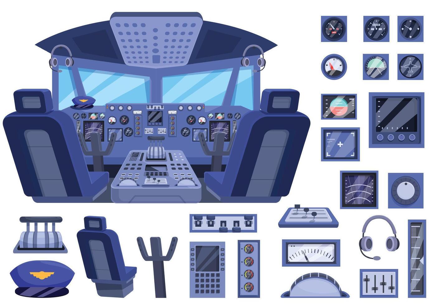 Flugzeug Cockpit Symbole einstellen Karikatur Vektor. Steuerung Panel vektor