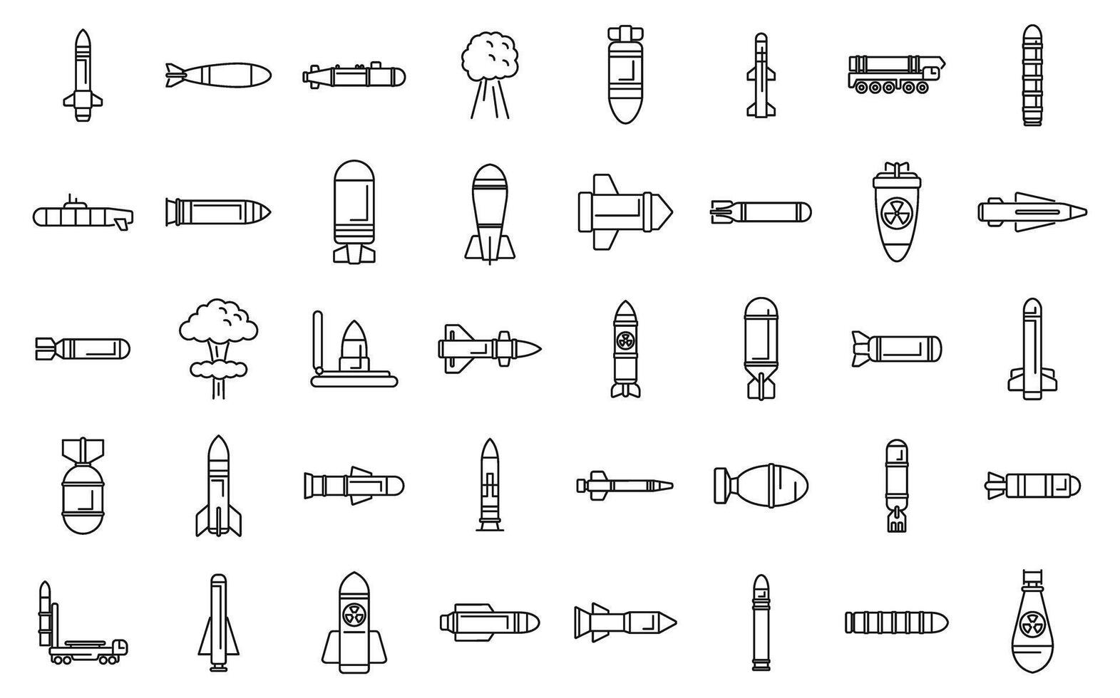 nuklear Waffe Symbole einstellen Gliederung Vektor. Militär- Gewehr Heer vektor