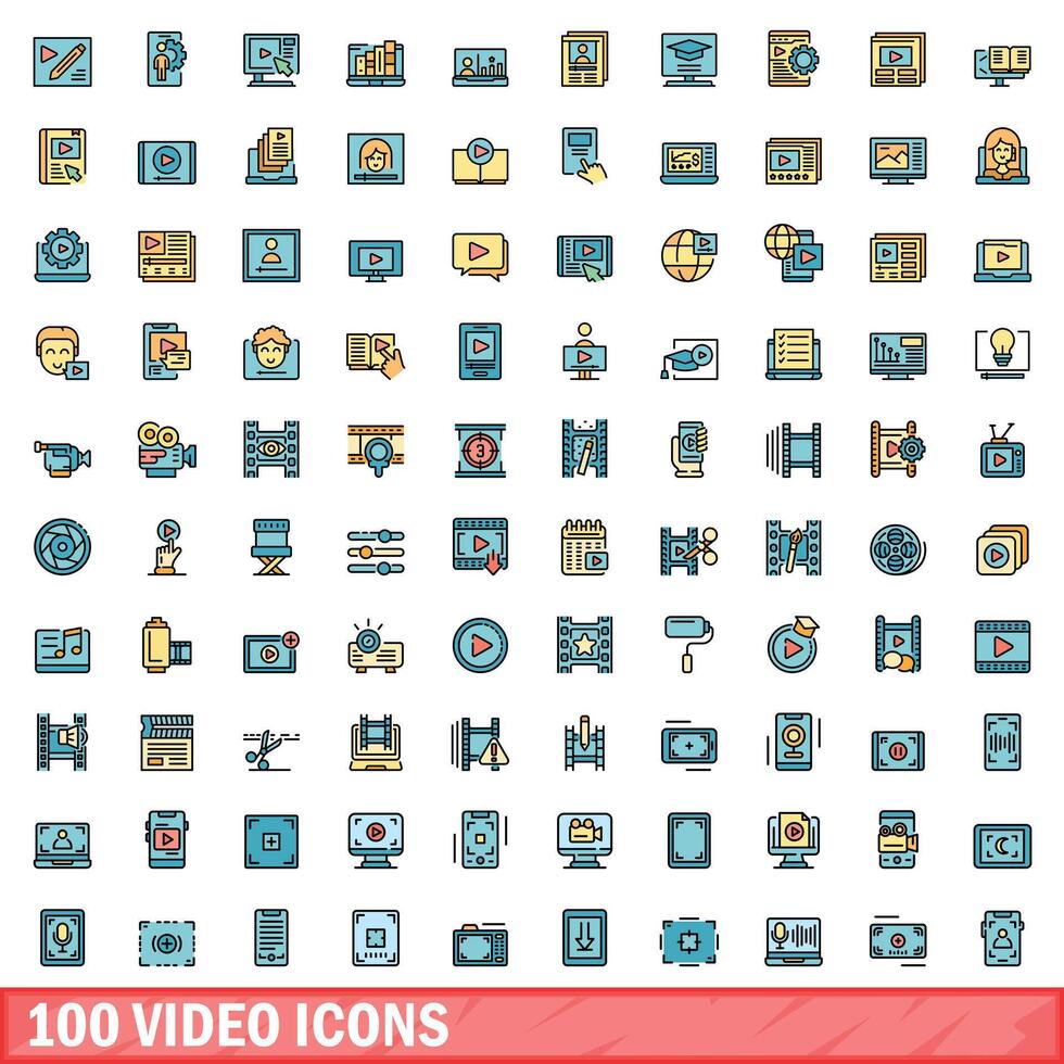 100 Video Symbole Satz, Farbe Linie Stil vektor