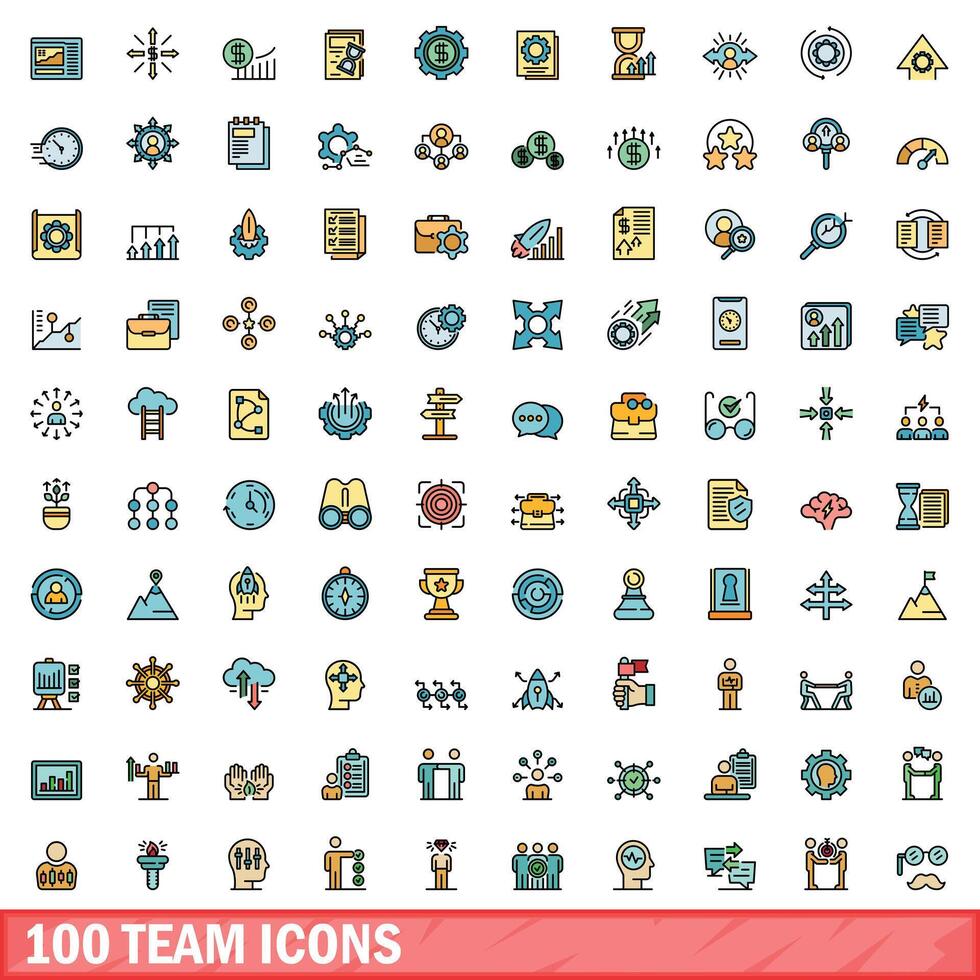 100 Mannschaft Symbole Satz, Farbe Linie Stil vektor