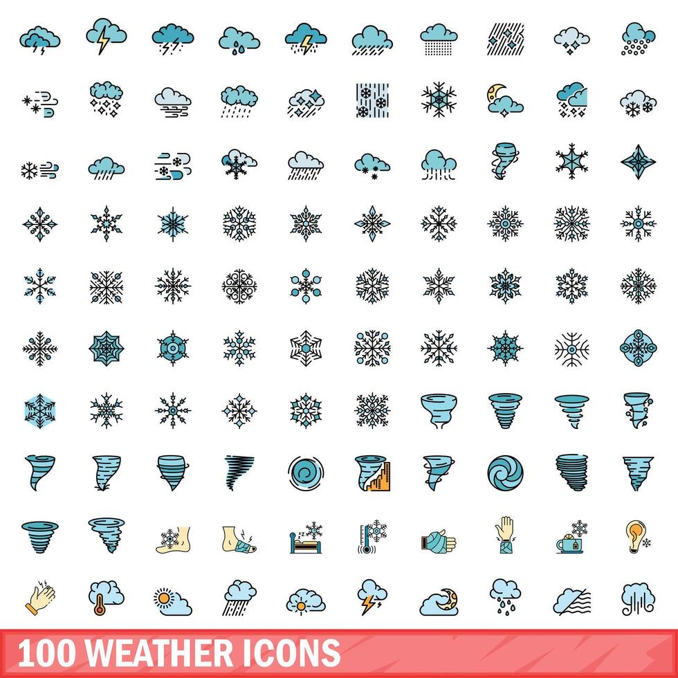 100 väder ikoner uppsättning, Färg linje stil vektor