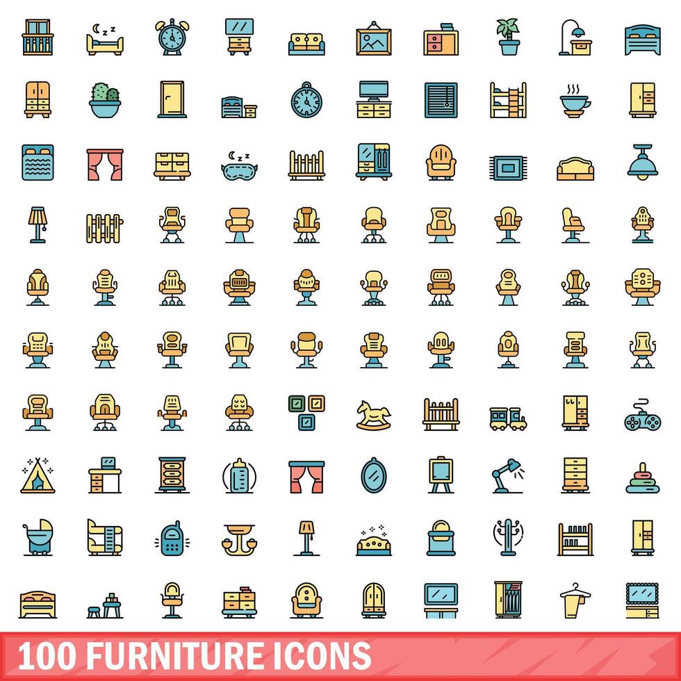 100 möbel ikoner uppsättning, Färg linje stil vektor