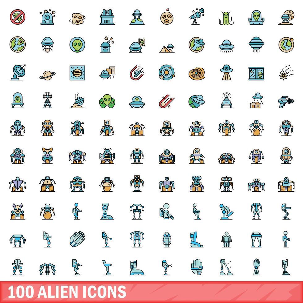 100 utomjording ikoner uppsättning, Färg linje stil vektor