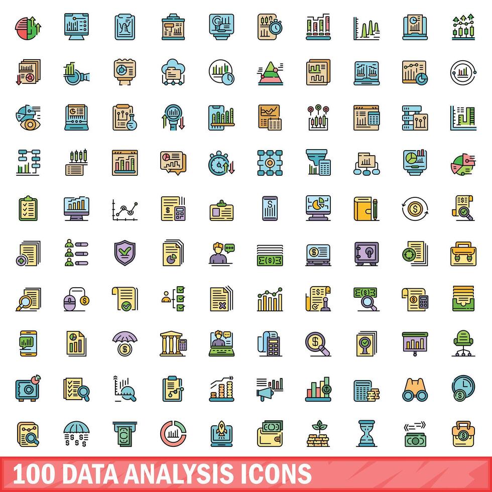 100 data analys ikoner uppsättning, Färg linje stil vektor