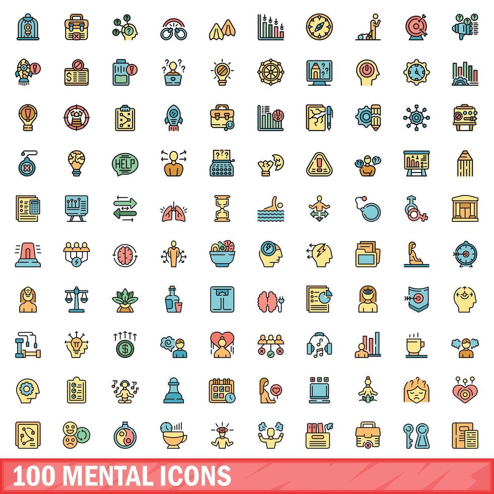 100 mental ikoner uppsättning, Färg linje stil vektor