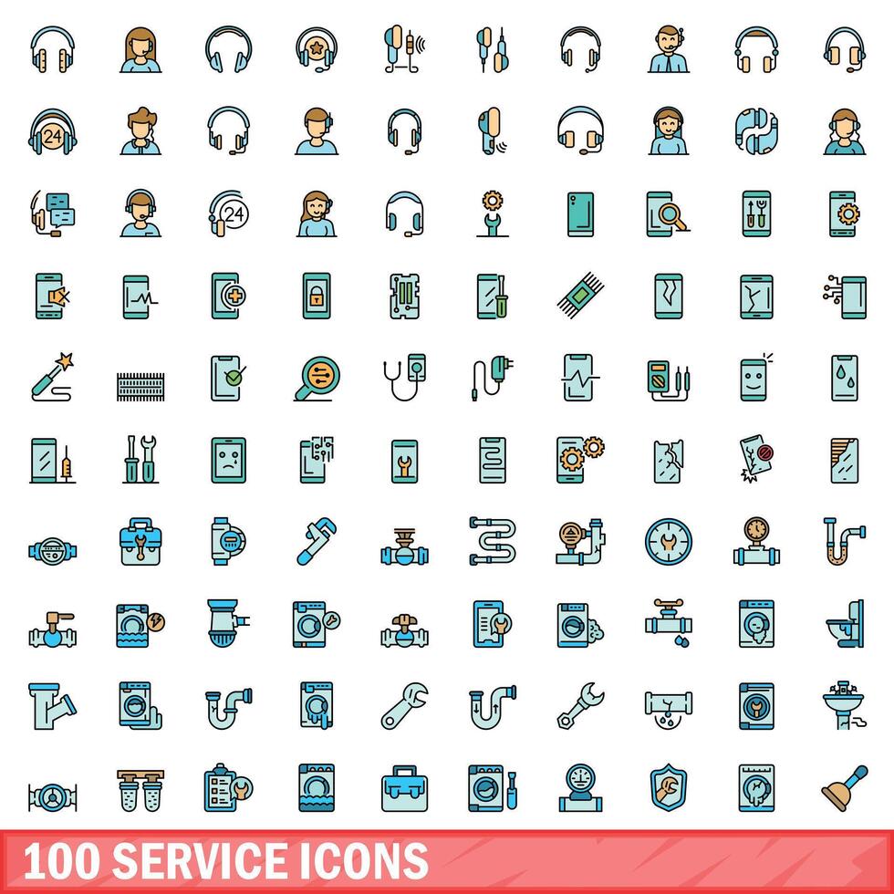 100 service ikoner uppsättning, Färg linje stil vektor