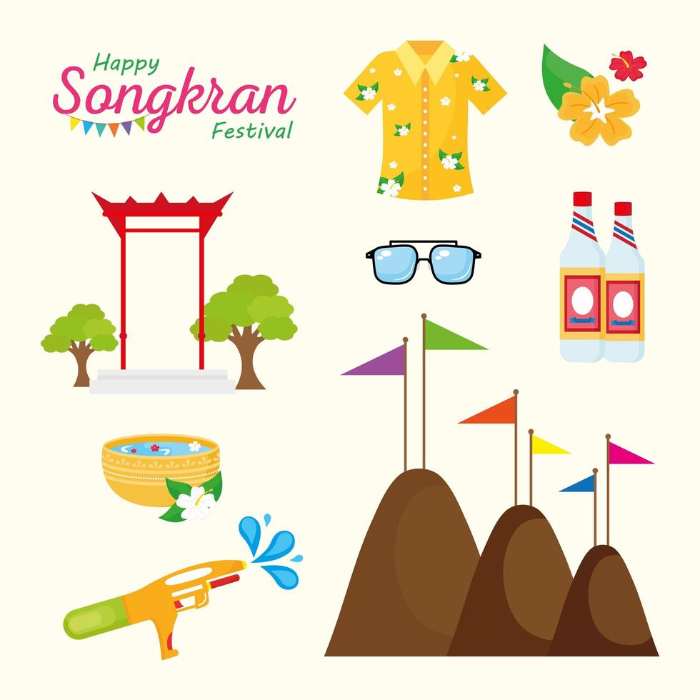 Happy Songkran Festival Schriftzug mit Set Icons vektor