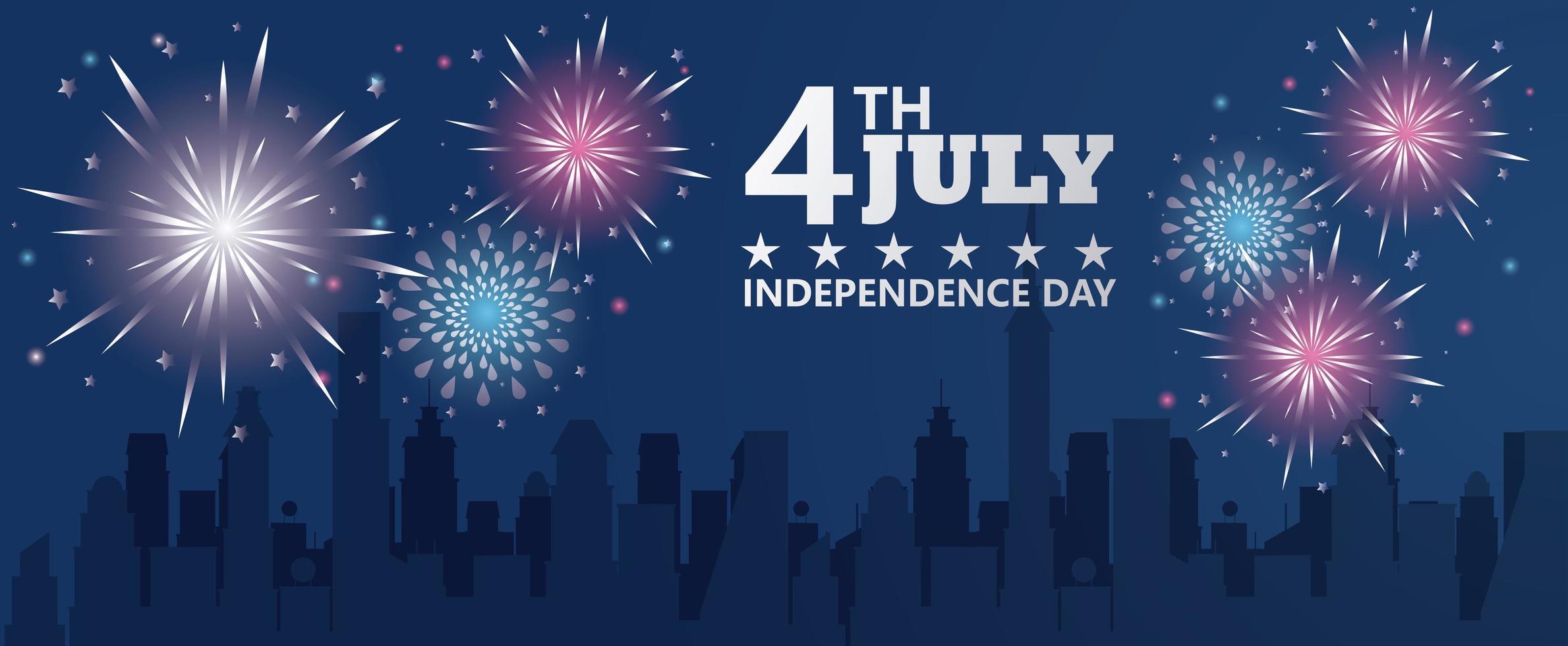 fjärde juli USAs självständighetsfirande med fyrverkerier och stadsbild vektor