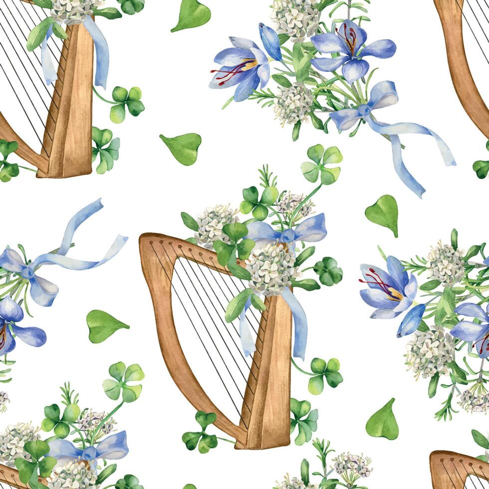 harpa och vår blommor vattenfärg sömlös mönster isolerat på vit. målad grön klöver, musikalisk instrument och saffran. irländsk tur- symbol hand ritade. design för st. patrick dag, omslag papper. vektor