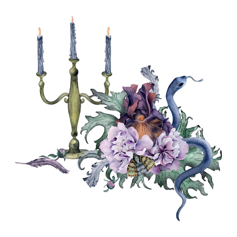 Leuchter mit Blumen Iris, Pfingstrose und Schlange isoliert auf Weiß. gotisch Blumen- Illustration mit Motte Hand gezeichnet. botanisch Dekoration zum mystisch Party. Element zum Einladung, Karte, Drucken vektor