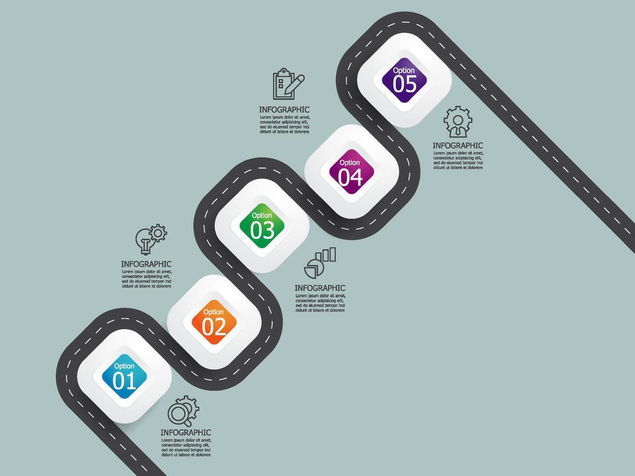 abstraktl runda fyrkant steg tidslinje infographic element Rapportera bakgrund med företag linje ikon 5 steg vektor