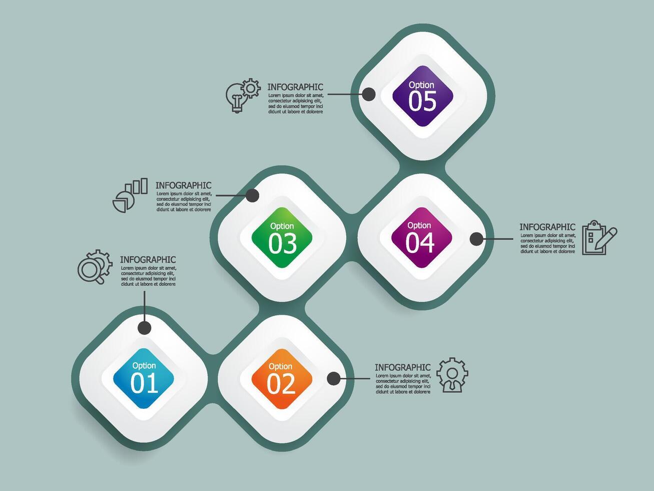 horisontell runda fyrkant steg tidslinje infographic element Rapportera bakgrund med företag linje ikon 5 steg vektor