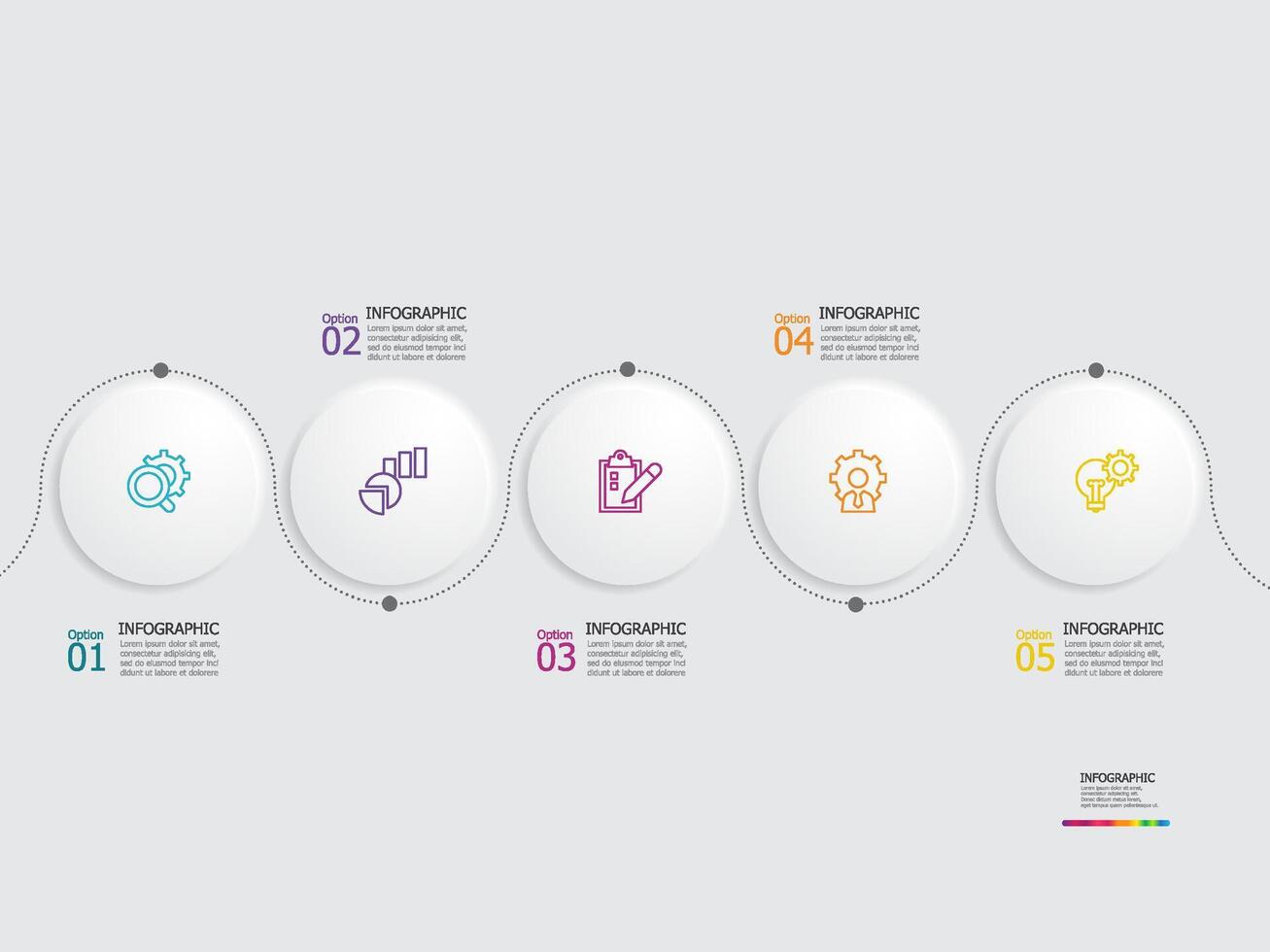 runden Kreis Schritte Zeitleiste Infografik Element Bericht Hintergrund mit Geschäft Linie Symbol 5 Schritte vektor