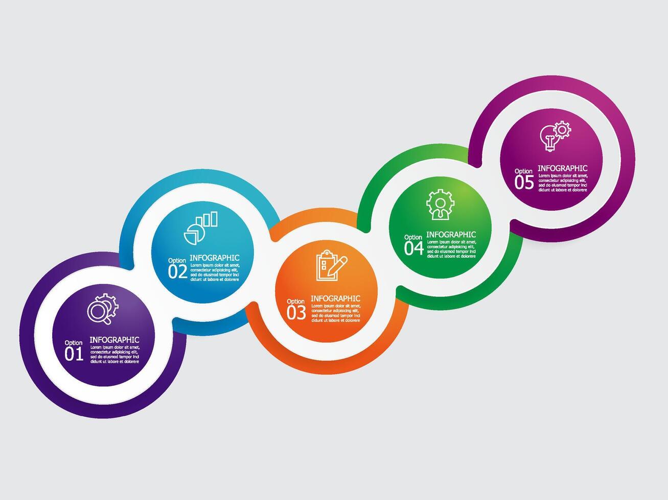 horizontal runden Kreis Schritte Zeitleiste Infografik Element Bericht Hintergrund mit Geschäft Linie Symbol 5 Schritte vektor