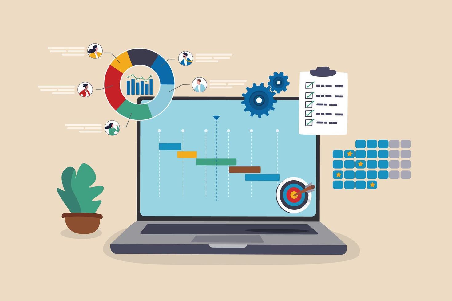 projekt förvaltning, planera för programvara utveckling, Resurser och budget planera, projekt schema diagram, gantt Diagram för arbete deadline begrepp, dator bärbar dator med projekt förvaltning programvara. vektor