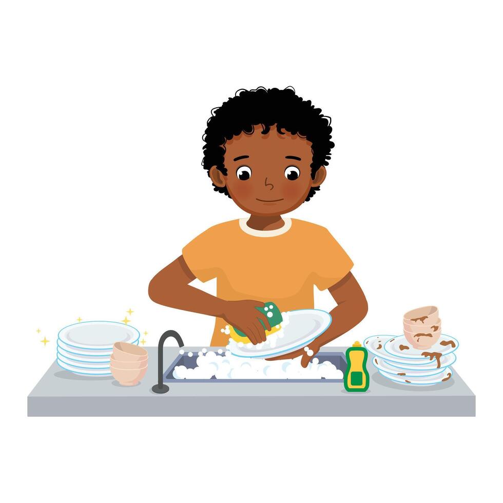 söt liten afrikansk pojke tvättning maträtter stående på handfat i de kök håller på med hushållsarbete sysslor på Hem vektor