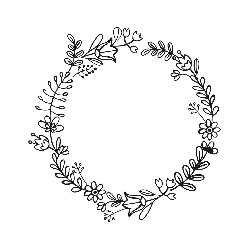 Hand gezeichnet Kranz mit Vektor Pflanzen, Brunch von Blumen, skizzieren von Blätter, Blumen, Knospen, Kräuter, Gras, eingefärbt Silhouette von Blätter, einfarbig Illustration isoliert auf Weiß Hintergrund