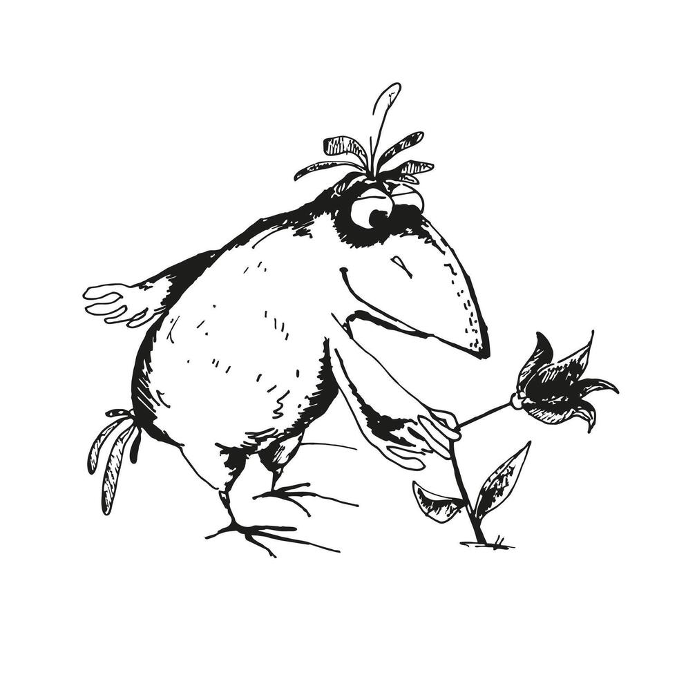 hand dragen vektor illustration av tecknad serie rolig kråka med blomma, svartvit skiss av söt fågel gala, inked silhuett av Framställ flygande djur- isolerat på vit bakgrund