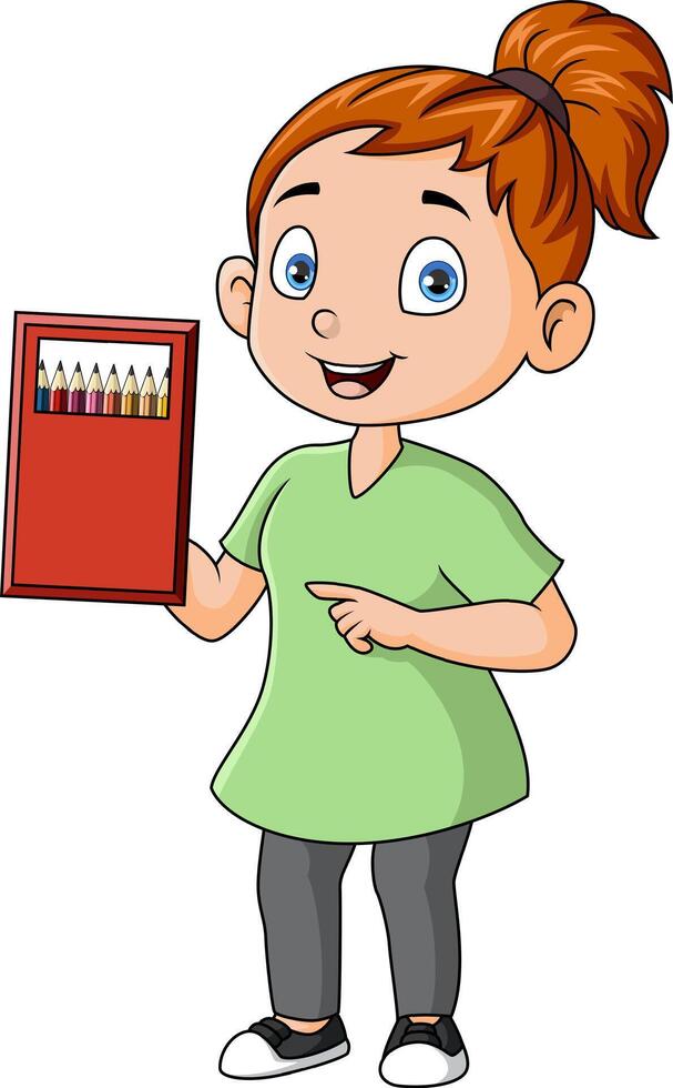 söt liten flicka tecknad serie innehav lådor av pennor vektor