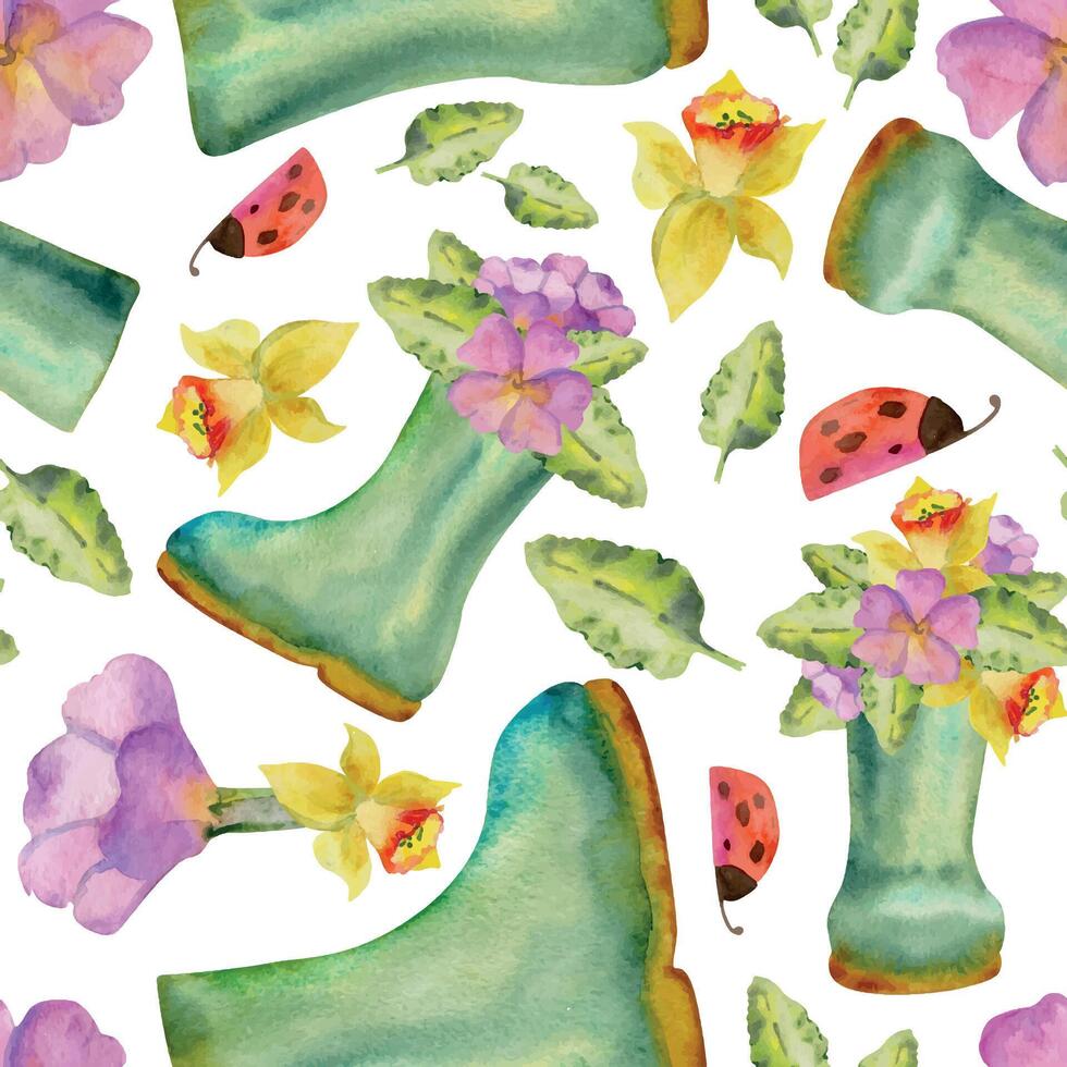 hand dragen vattenfärg illustration vår trädgårdsarbete, sudd wellington stövlar med blommor och löv, nyckelpiga. sömlös mönster isolerat vit bakgrund. design skriva ut, affär, scrapbooking, förpackning vektor