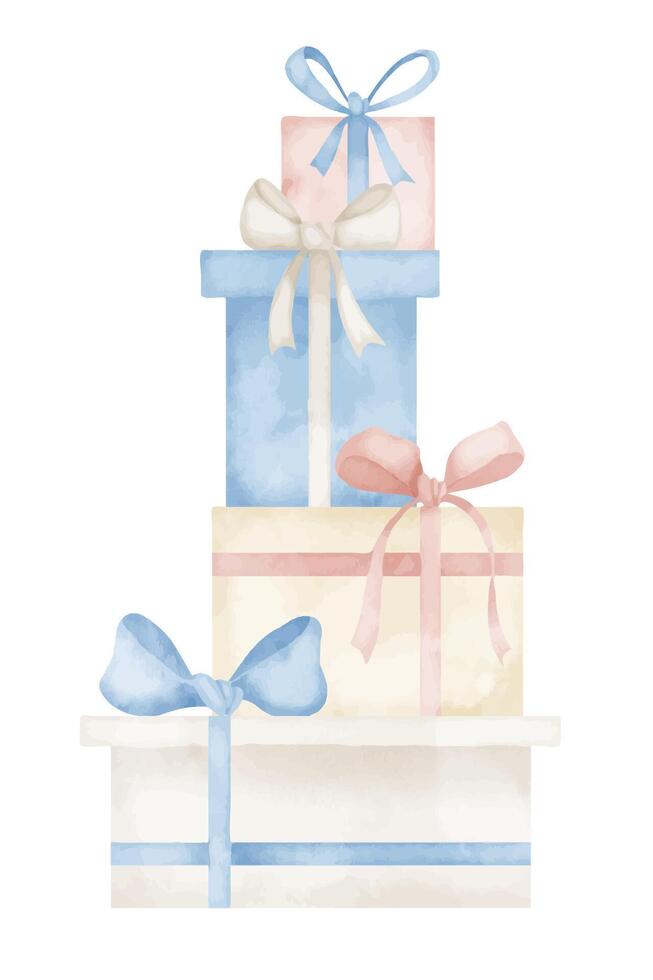 gåva lådor med band i pastell blå och rosa färger. hand dragen vattenfärg illustration med presenterar på isolerat bakgrund. horisontell sammansättning för födelsedag hälsning kort eller inbjudningar vektor