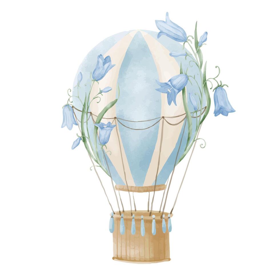 Aquarell Blau heiß Luft Ballon mit Blumen. Jahrgang Hand gezeichnet Illustration zum Baby Dusche Party oder Kinder Einladung Karten im Karikatur Stil. Zeichnung von alt retro Flugzeug zum Kind Design vektor