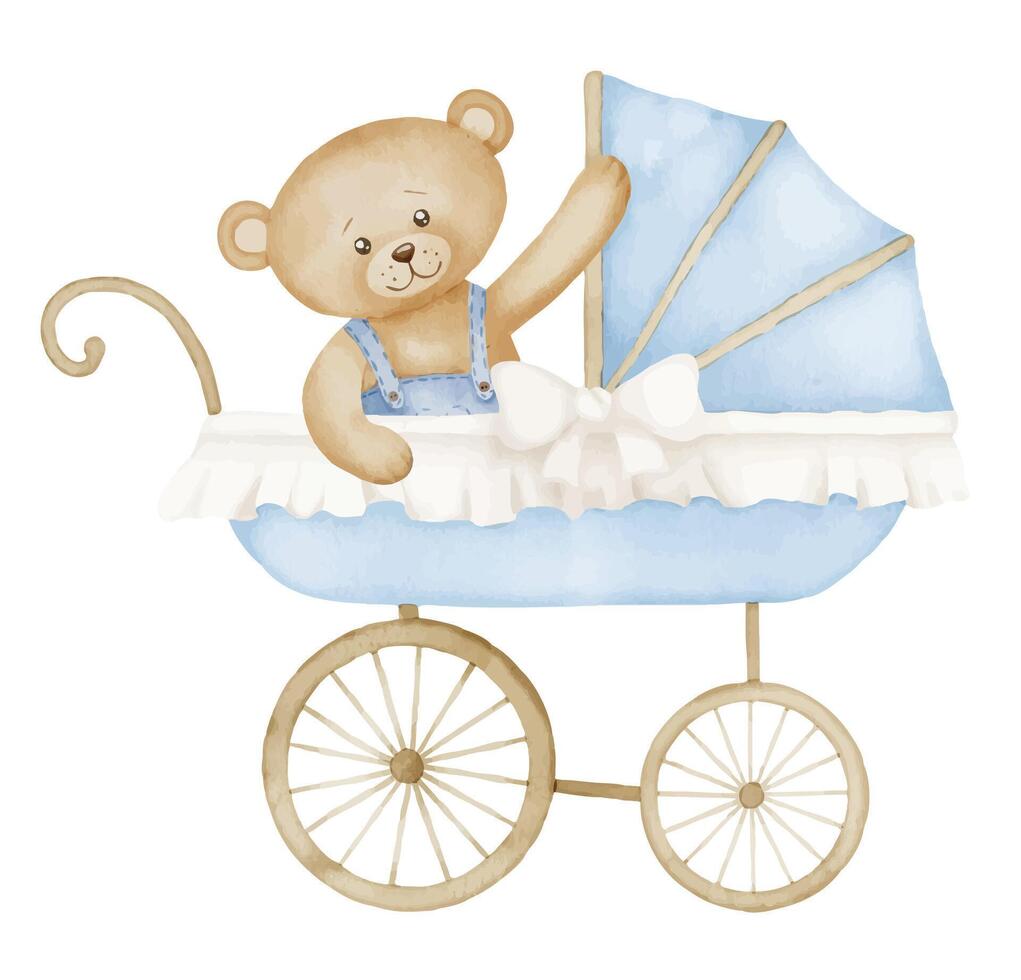 Aquarell Baby Kinderwagen mit Teddy Bär im Jahrgang Stil. retro Kind Kinderwagen im süß Pastell- Blau und Beige Farben. Wagen zum Kinder. Illustration von Kinderwagen mit Spielzeug zum Neugeborene Party vektor