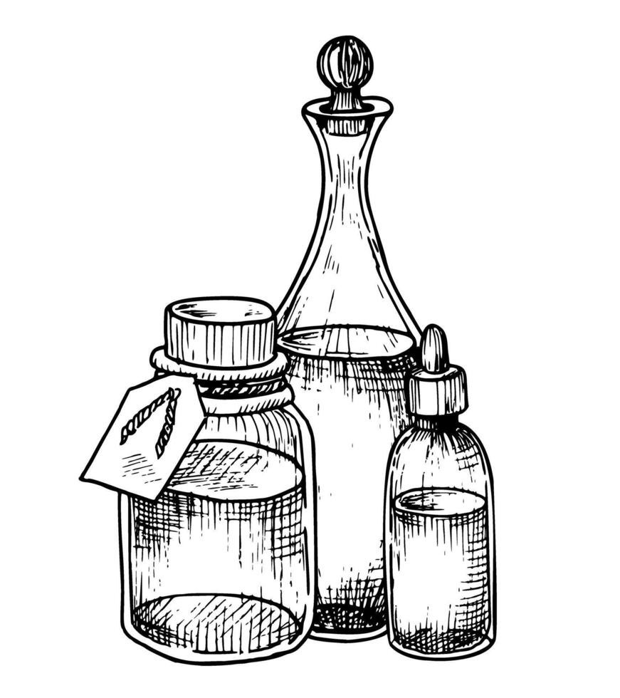 Glas Flaschen und Karaffe mit wesentlich Öl zum Aromatherapie und Apotheke. Hand gezeichnet Vektor Abbildungen von Jahrgang Flakons gemalt durch schwarz Tinten. linear Zeichnung von natürlich kosmetisch oder Medizin