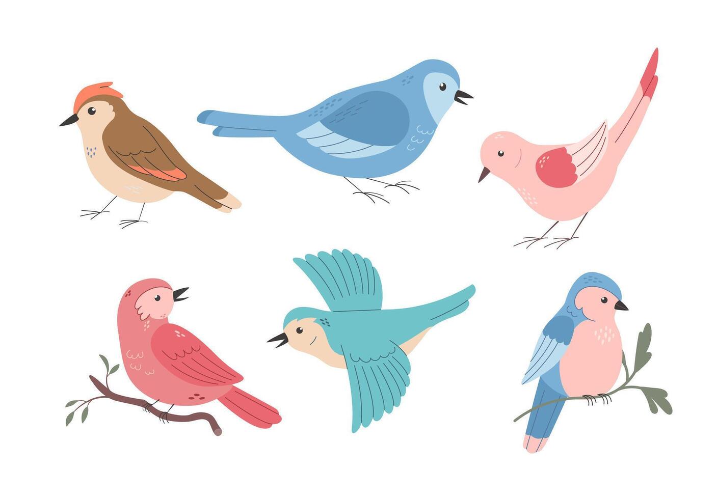 einstellen von anders süß Frühling Vögel auf Weiß Hintergrund. Karikatur Vektor Illustration.