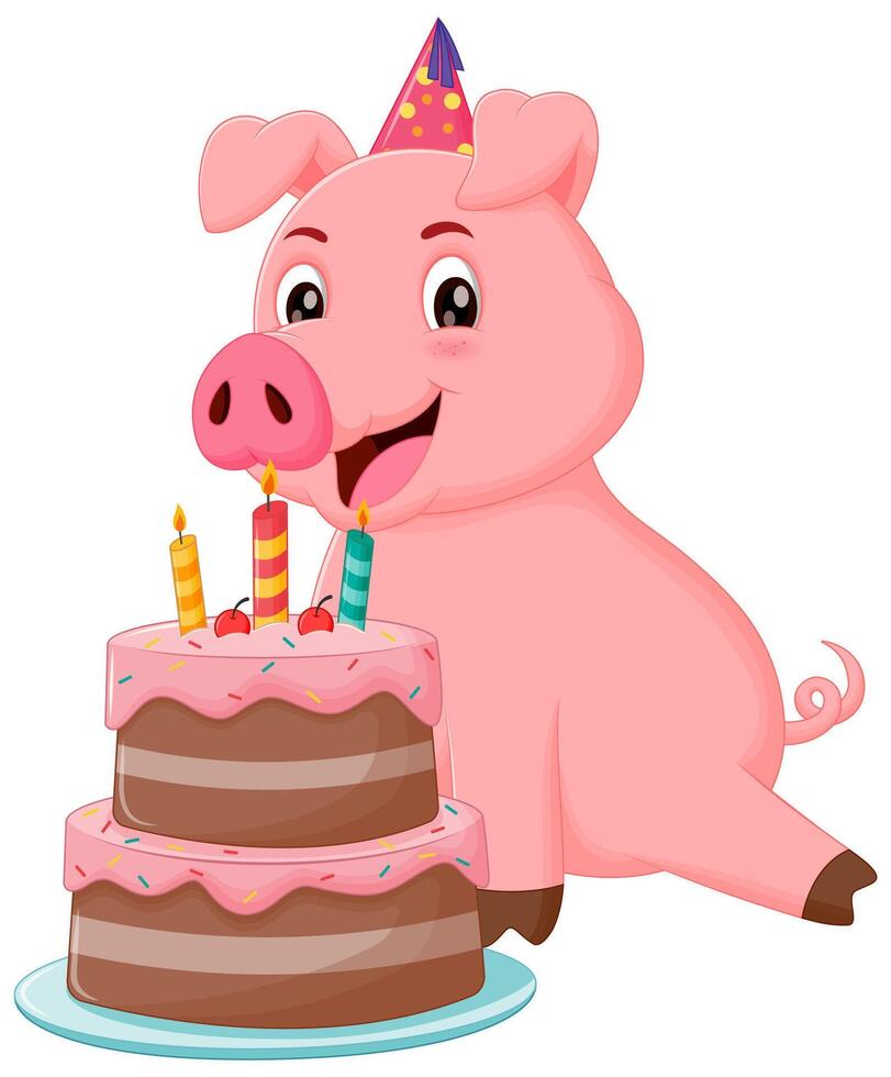 süß Schwein Karikatur mit Geburtstag Kuchen Vektor Illustration. Tier Natur Symbol Konzept isoliert Prämie Vektor