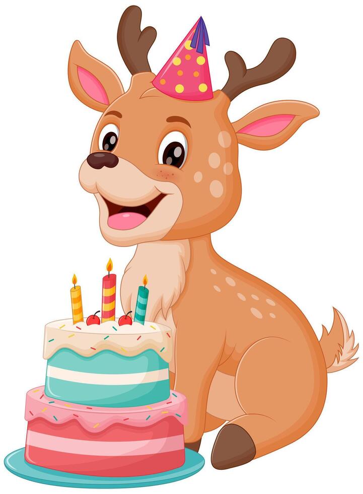 süß Hirsch Karikatur mit Geburtstag Kuchen Vektor Illustration. Tier Natur Symbol Konzept isoliert Prämie Vektor