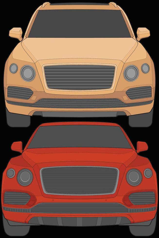 uppsättning av främre se vektor illustration av isolerat markera Färg bil på svart bakgrund, fordon i en platt tecknad serie stil.