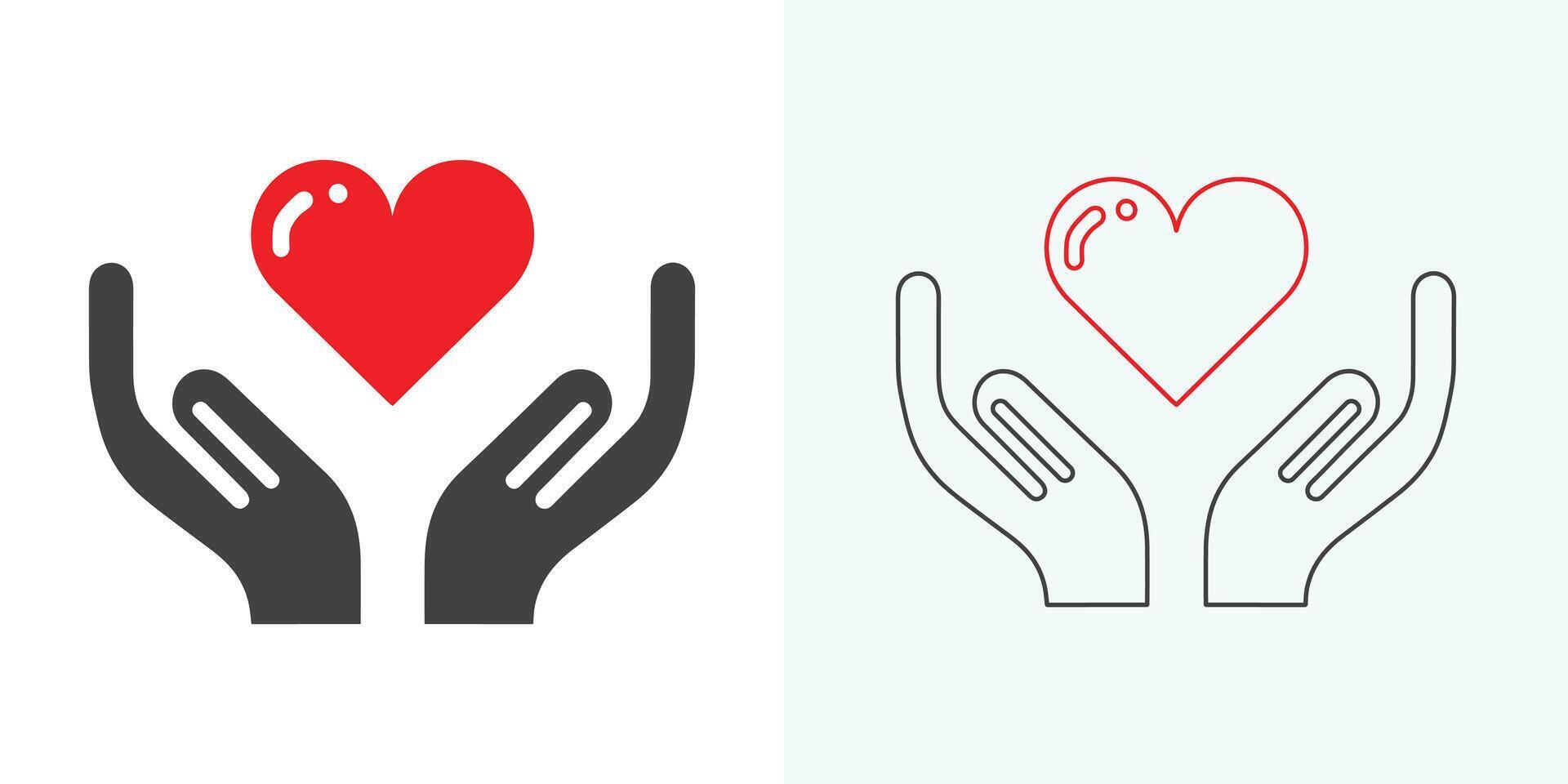 Herz im Hand Symbole Satz. Hände halten Herz Symbol. Liebe Symbol. Gesundheit, Medizin Symbol. freiwillig Zeichen. st. Valentinstag Tag Konzept. Vektor isoliert auf das Weiß Hintergrund