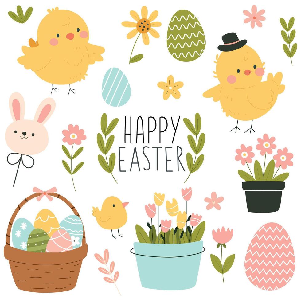 Lycklig påsk uppsättning. hand dragen samling med kycklingar, blommor och ägg, vektor illustration