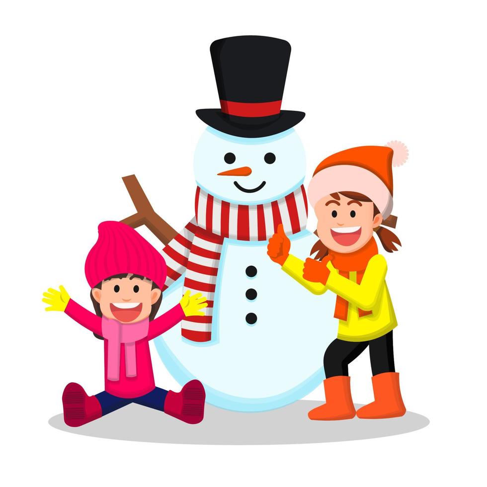 zwei fröhliche kleine Mädchen posieren mit Schneemann vektor